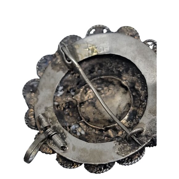 Faux Turquoise Silver Plated Brooch Pendant Blue Glass Filigree Setting Vintage - Picture 13 of 16